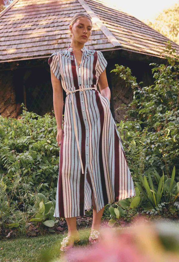 Womens Cattleya Linen Viscose Smock Maxi Dress in Indescent Stripe
