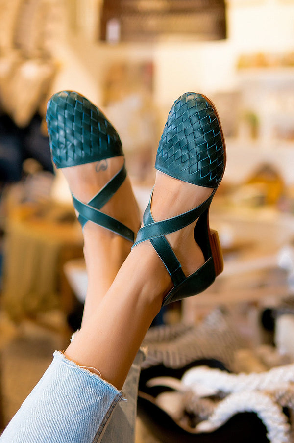 Womens Woven Leather Flats - Emerald | Riviera