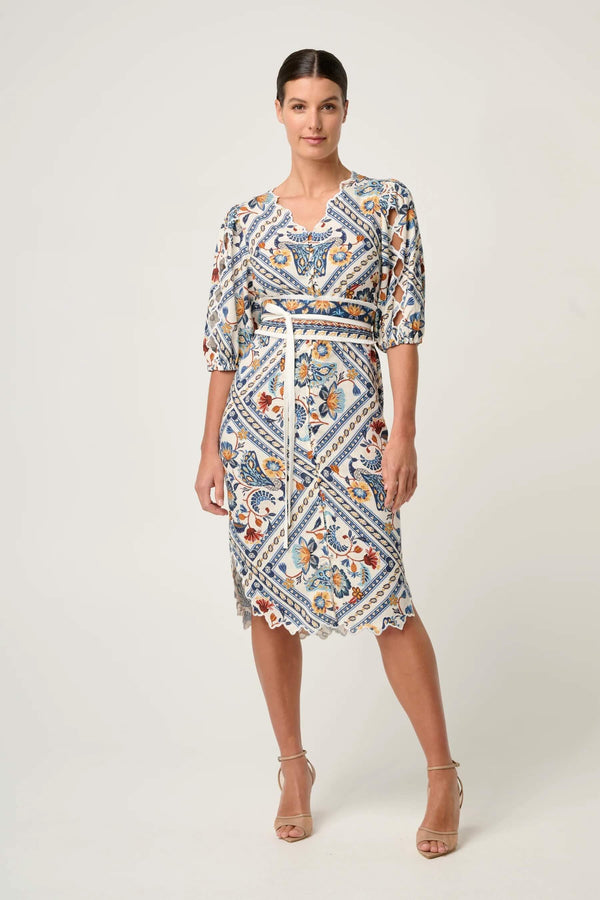 Womens Theia Viscose Scallop Embroidered Dress in Petinos Floros