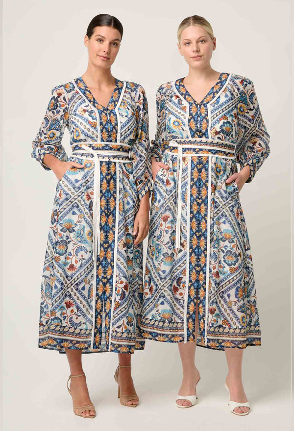 Womens Alexis Silk Cotton Midi Dress in Petinos Floros