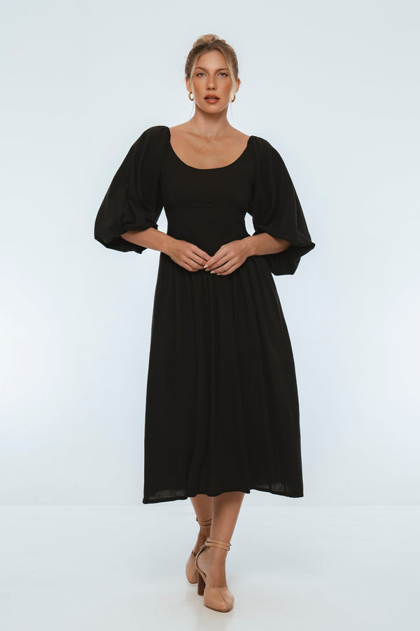 Womens Puff Sleeve Midi Dress - Black | Genevieve