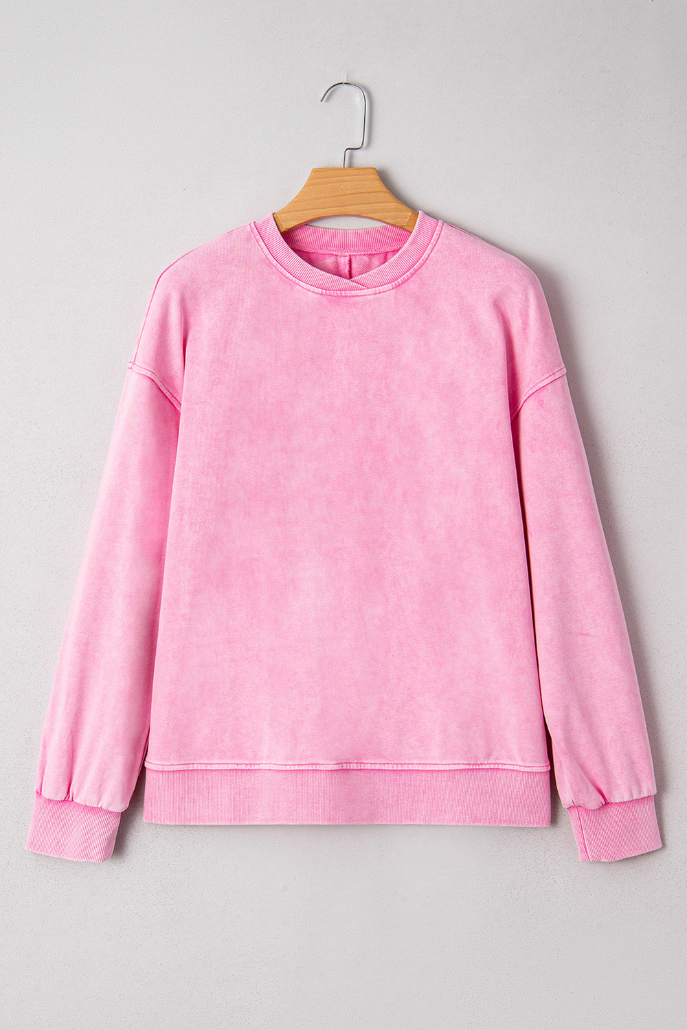 Bright Pink Mineral Wash Crossed Crew Neck Drop Shoulder Loose Swea...