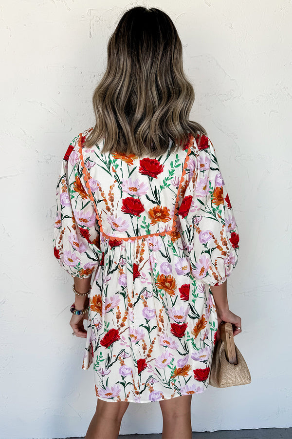 Beige Floral Print 3/4 Puff Sleeve Ricrac Trim Mini Dress