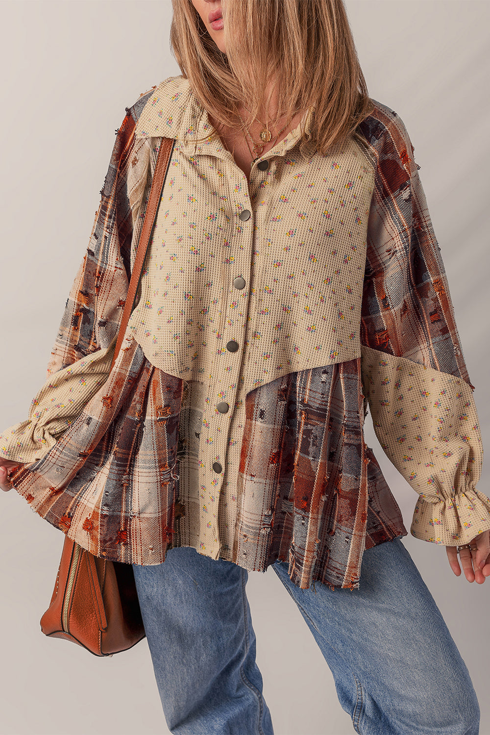 Oatmeal Boho Floral Plaid Patchwork Distressed Detail Ruffled Sleev...