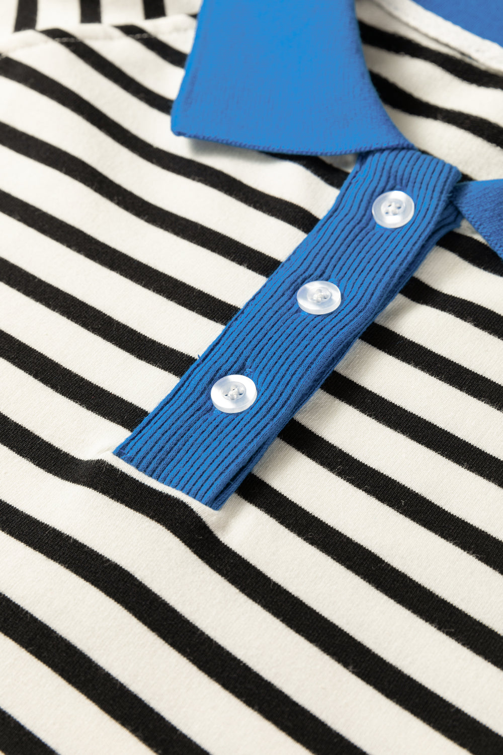 Black Stripe Color Block Patchwork Button Polo Collar Side Slit Swe...
