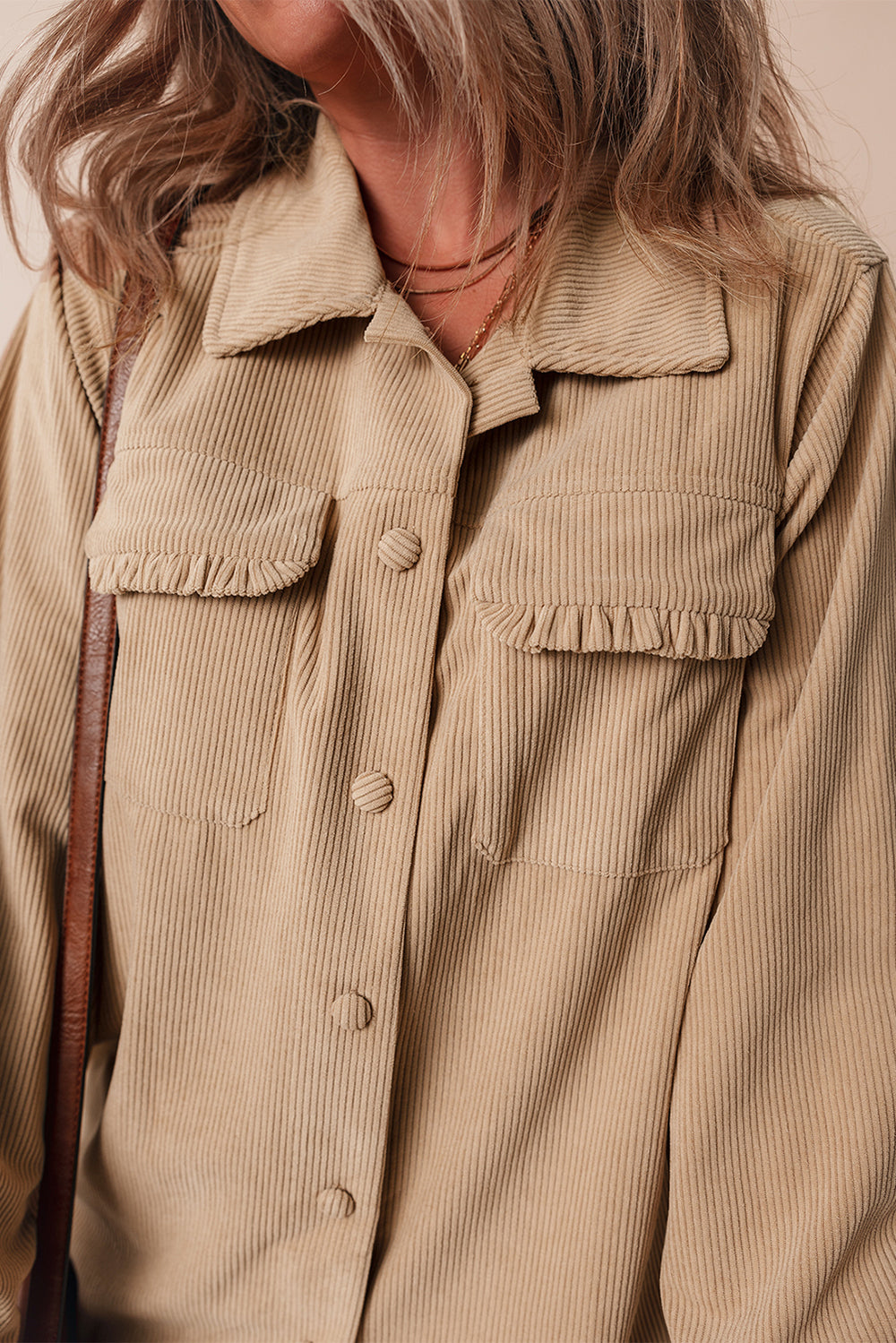 Light French Beige Solid Frilled Flap Pocket Button Up Corduroy Sha...