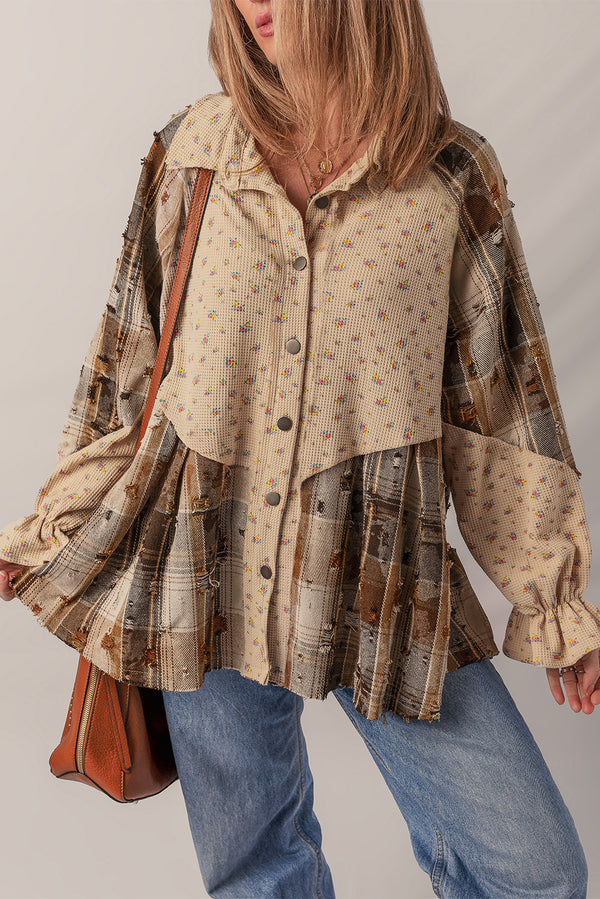 Oatmeal Boho Floral Plaid Patchwork Distressed Detail Ruffled Sleev...