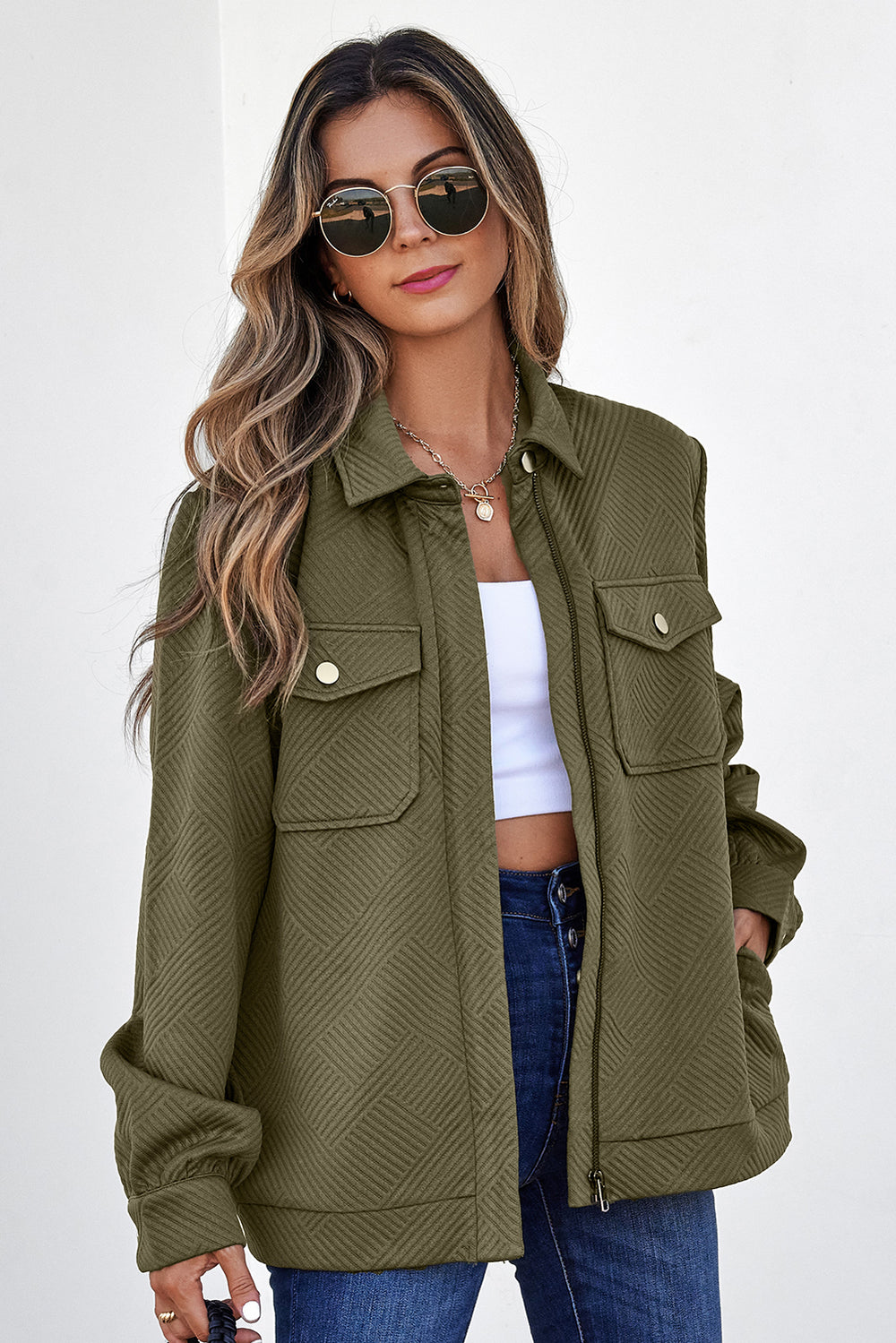 Blackish Green Solid Color Zip Up Button Flap Pocket Shirt Collar J...