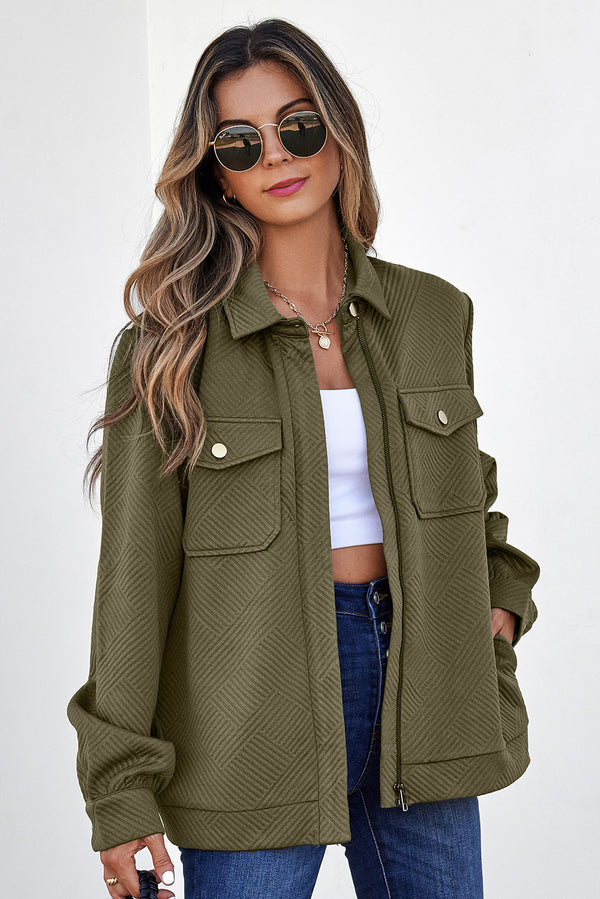 Blackish Green Solid Color Zip Up Button Flap Pocket Shirt Collar J...