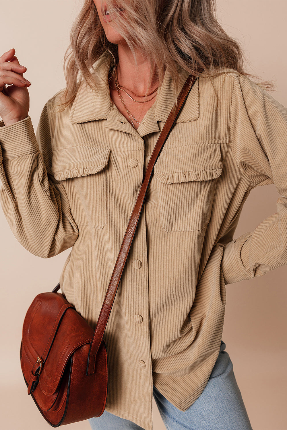 Light French Beige Solid Frilled Flap Pocket Button Up Corduroy Sha...