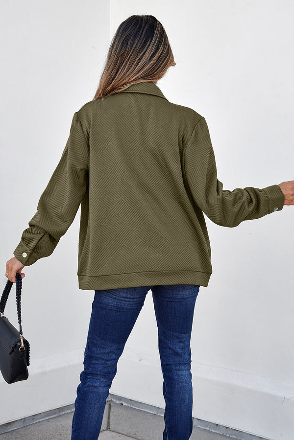 Blackish Green Solid Color Zip Up Button Flap Pocket Shirt Collar J...