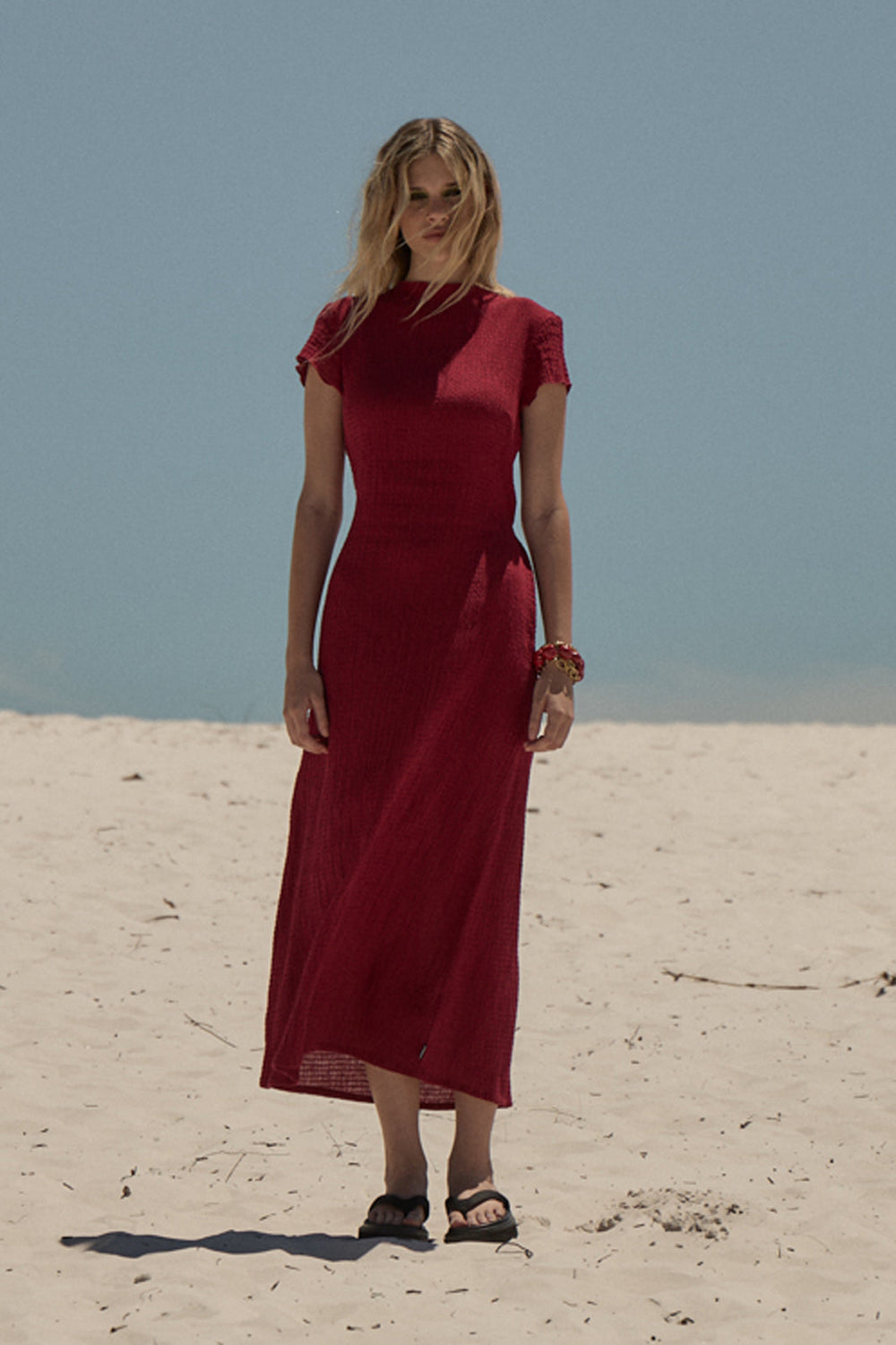 Womens Seersucker Midi Dress Elodie - Burgundy - AFENDS