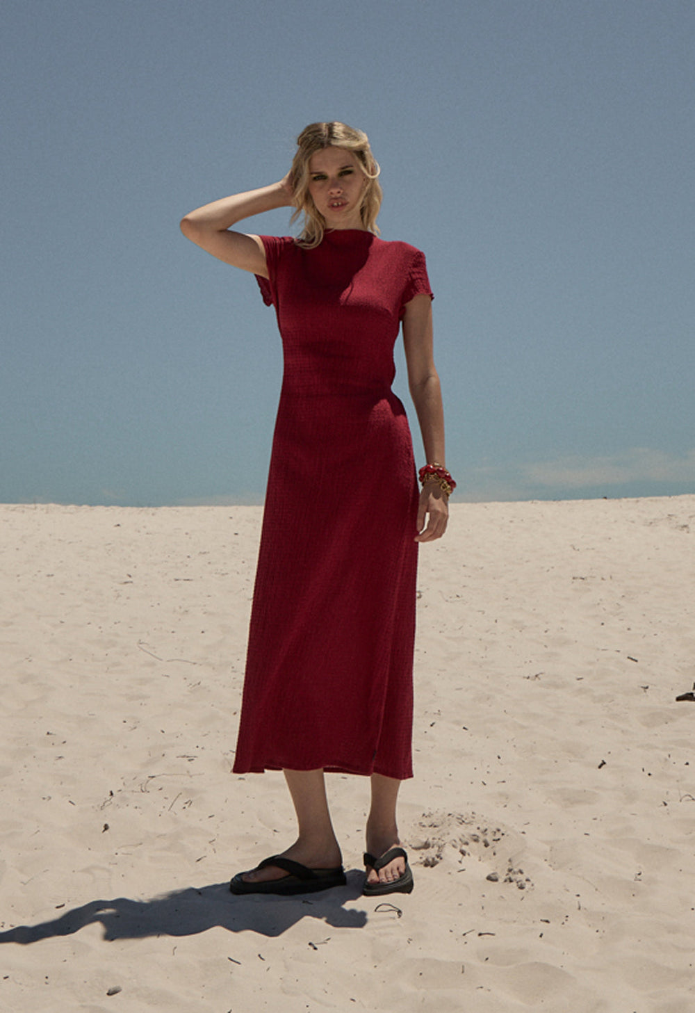Womens Seersucker Midi Dress Elodie - Burgundy - AFENDS