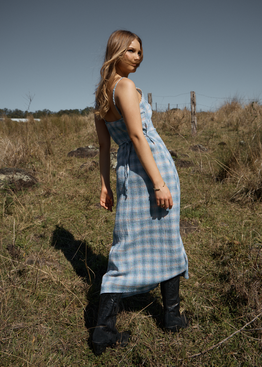 Womens Seersucker Midi Dress Rumi - Lake Check - AFENDS