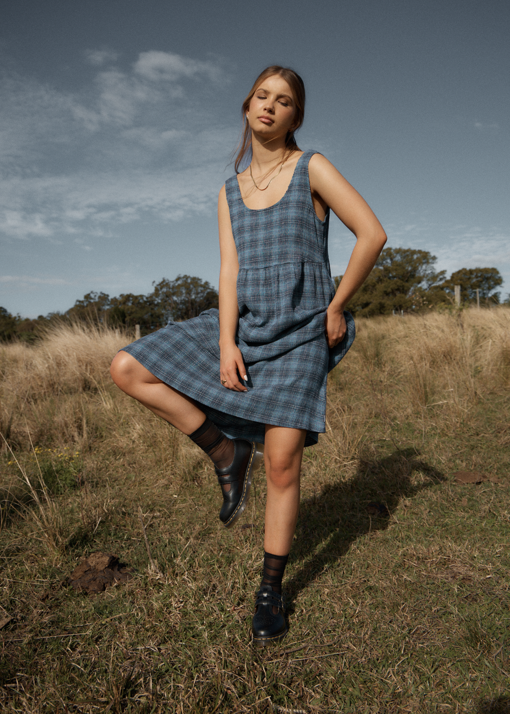 Womens Seersucker Midi Dress Position - Navy Check - AFENDS