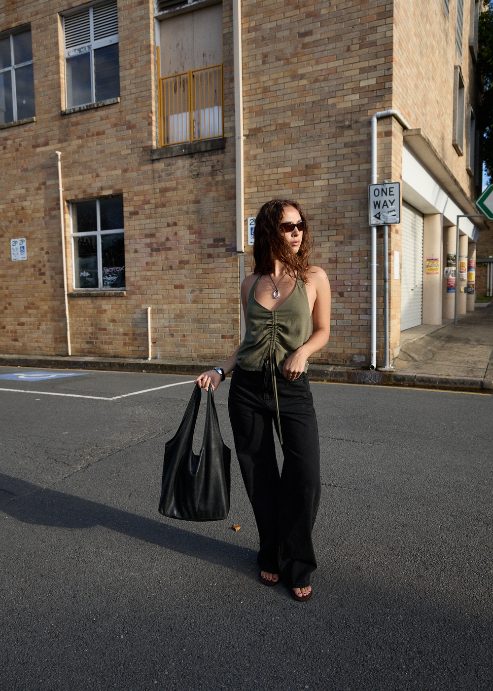 Womens Linen Ruched Top Halle - Deep Olive - AFENDS