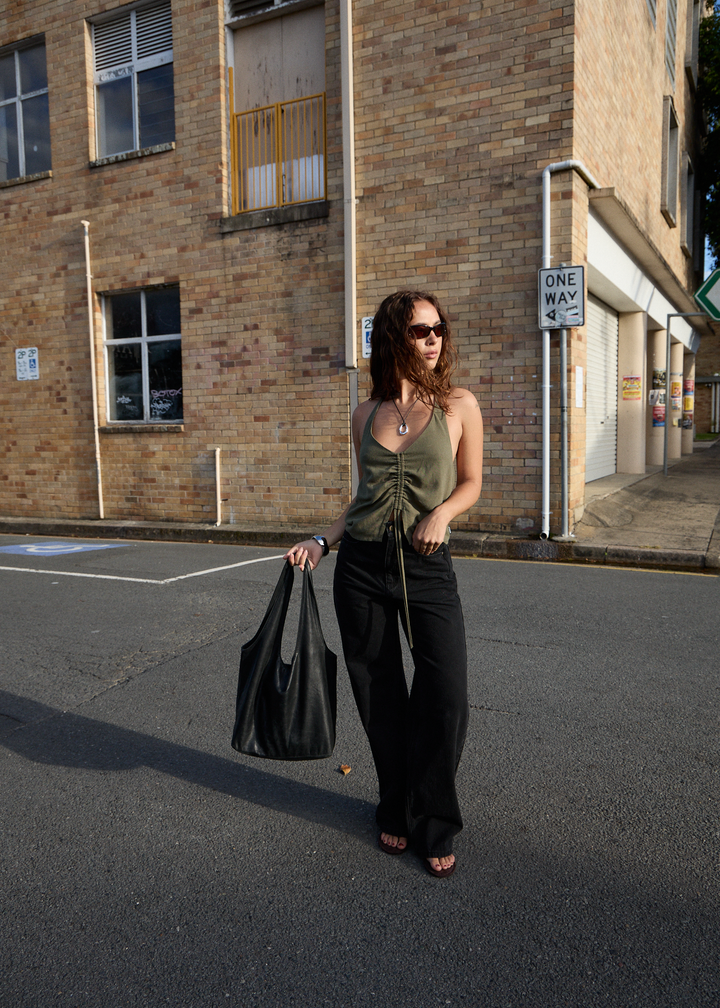 Halle Linen Ruched Top – Deep Olive