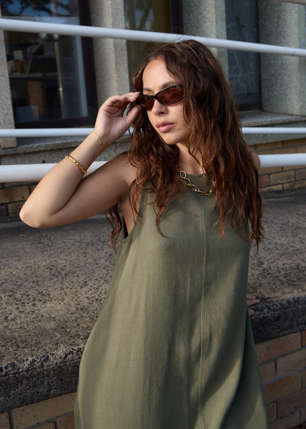 Womens Linen Mini Dress Halle - Deep Olive - AFENDS