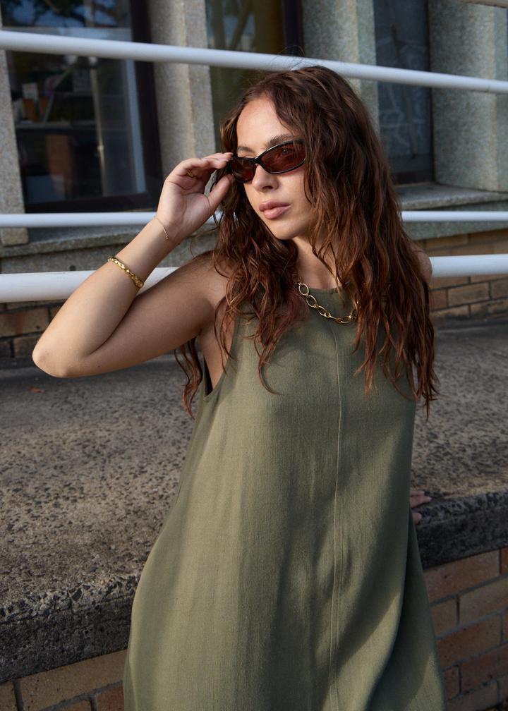Halle Linen Mini Dress – Deep Olive
