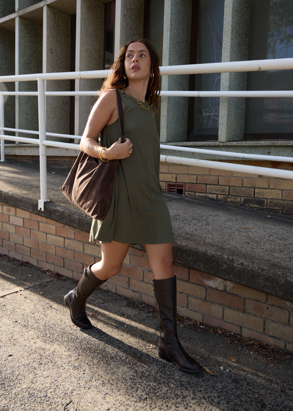 Womens Linen Mini Dress Halle - Deep Olive - AFENDS