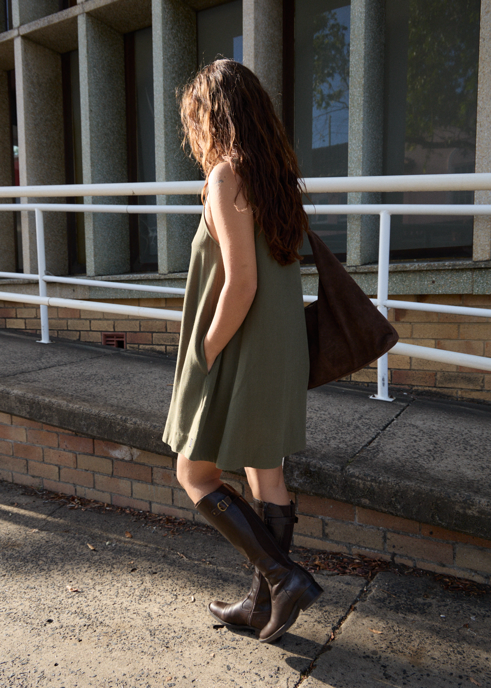 Womens Linen Mini Dress Halle - Deep Olive - AFENDS