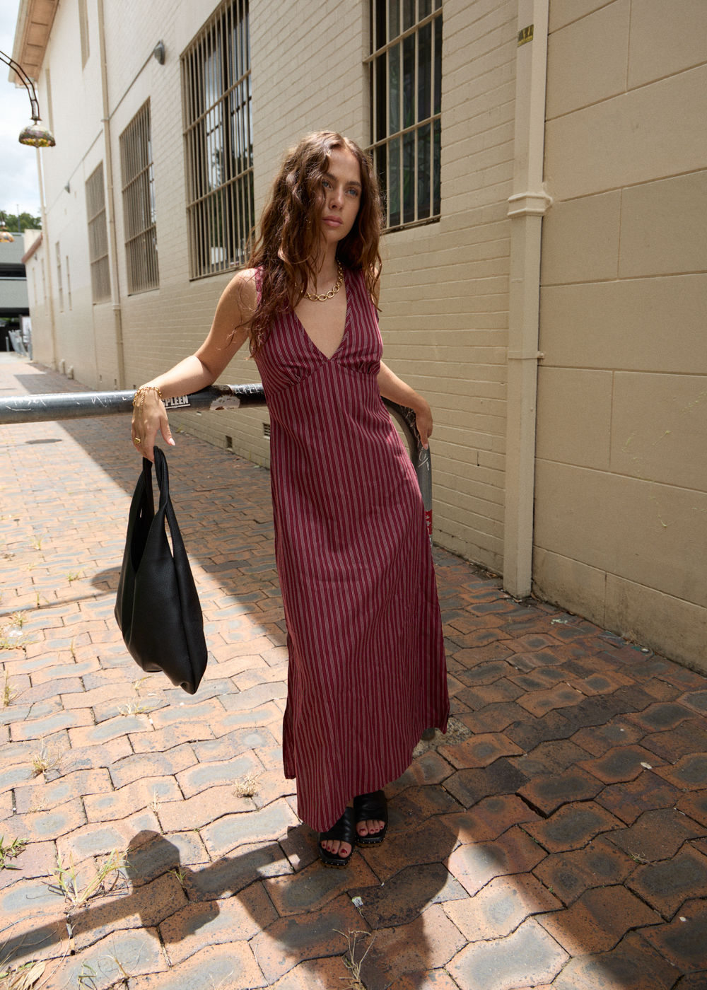 Womens Maxi Dress Ledger - Burgundy Stripe - AFENDS