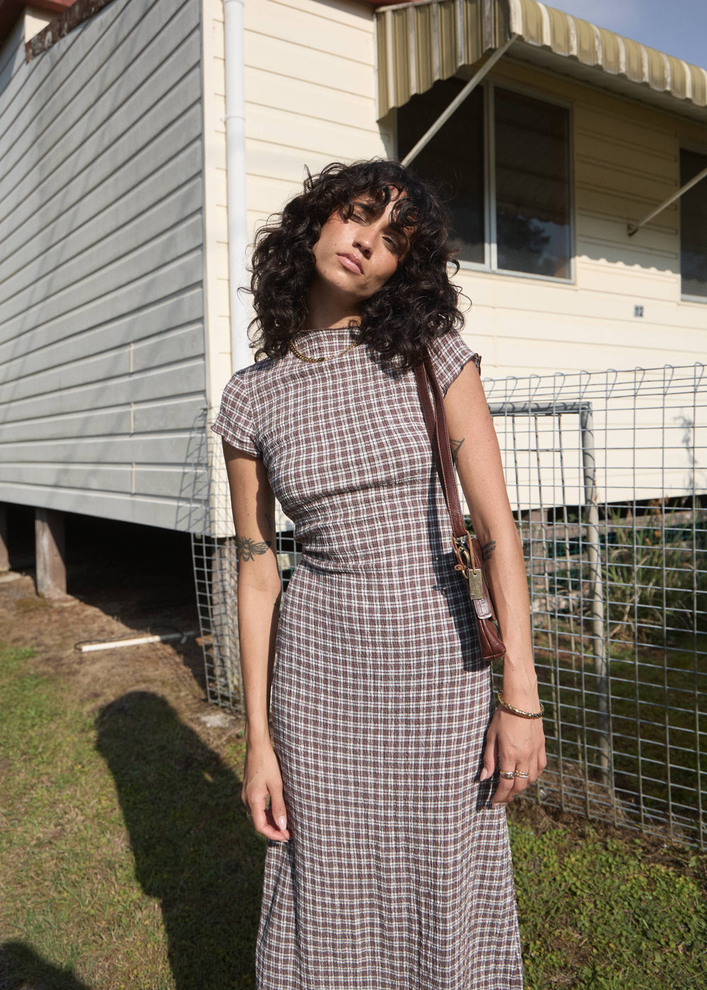 Womens Seersucker Midi Dress Elodie - Base Coffee Check - AFENDS