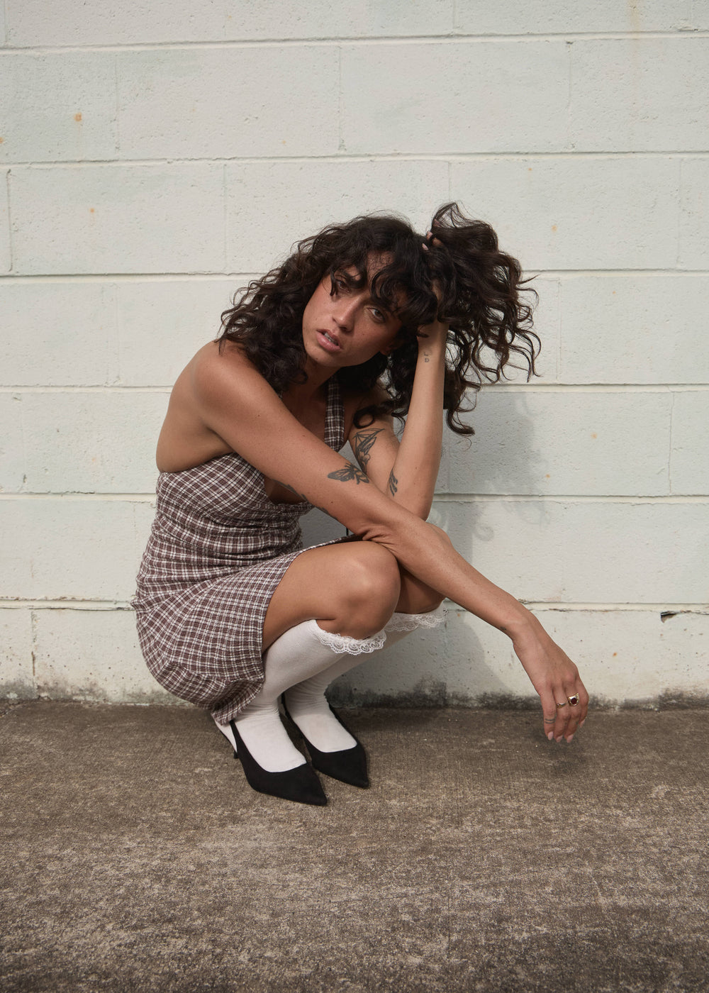 Womens Seersucker Halter Mini Dress Montana - Coffee Check - AFENDS