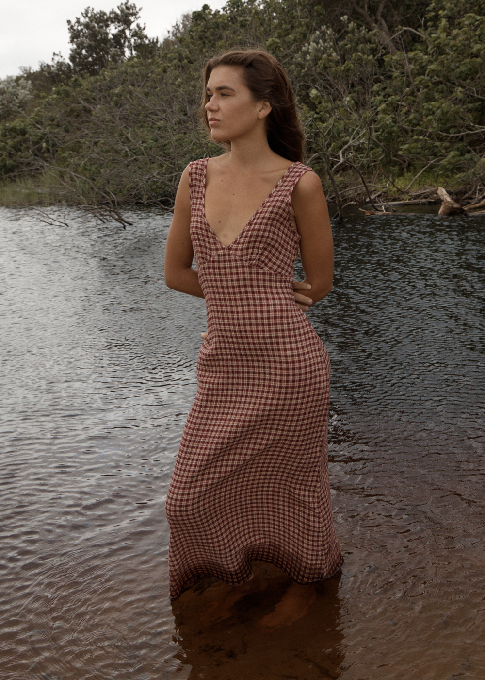 Womens Seersucker Maxi Dress Tully - Capricorn Burgundy / Beige Check - AFENDS