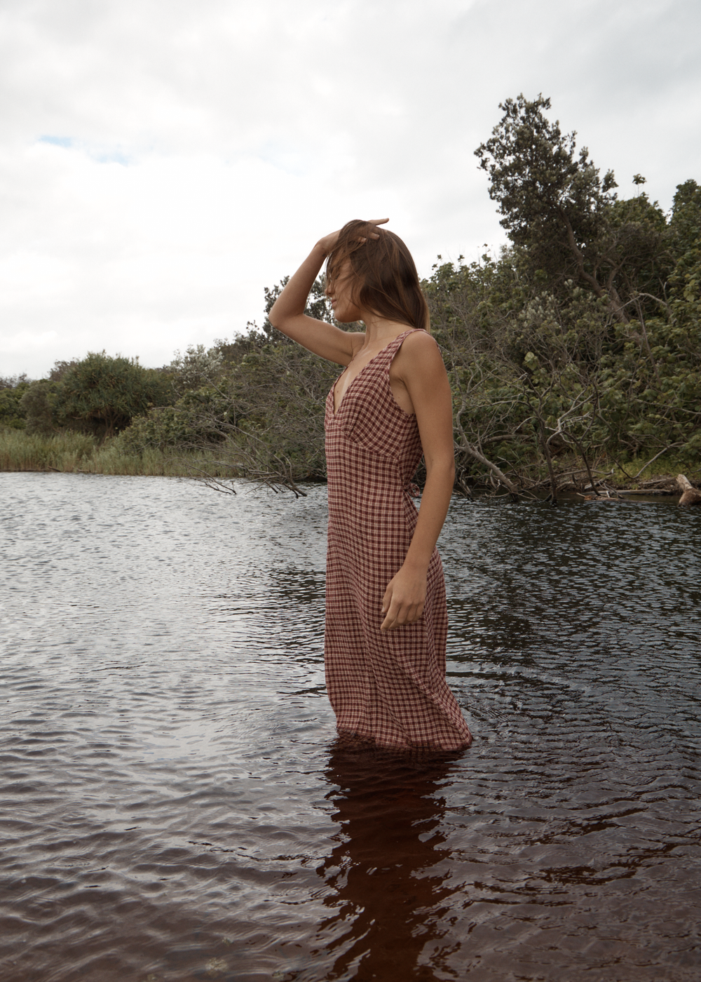 Womens Seersucker Maxi Dress Tully - Capricorn Burgundy / Beige Check - AFENDS
