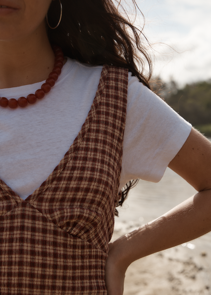Capricorn Seersucker Mini Dress – Burgundy Check