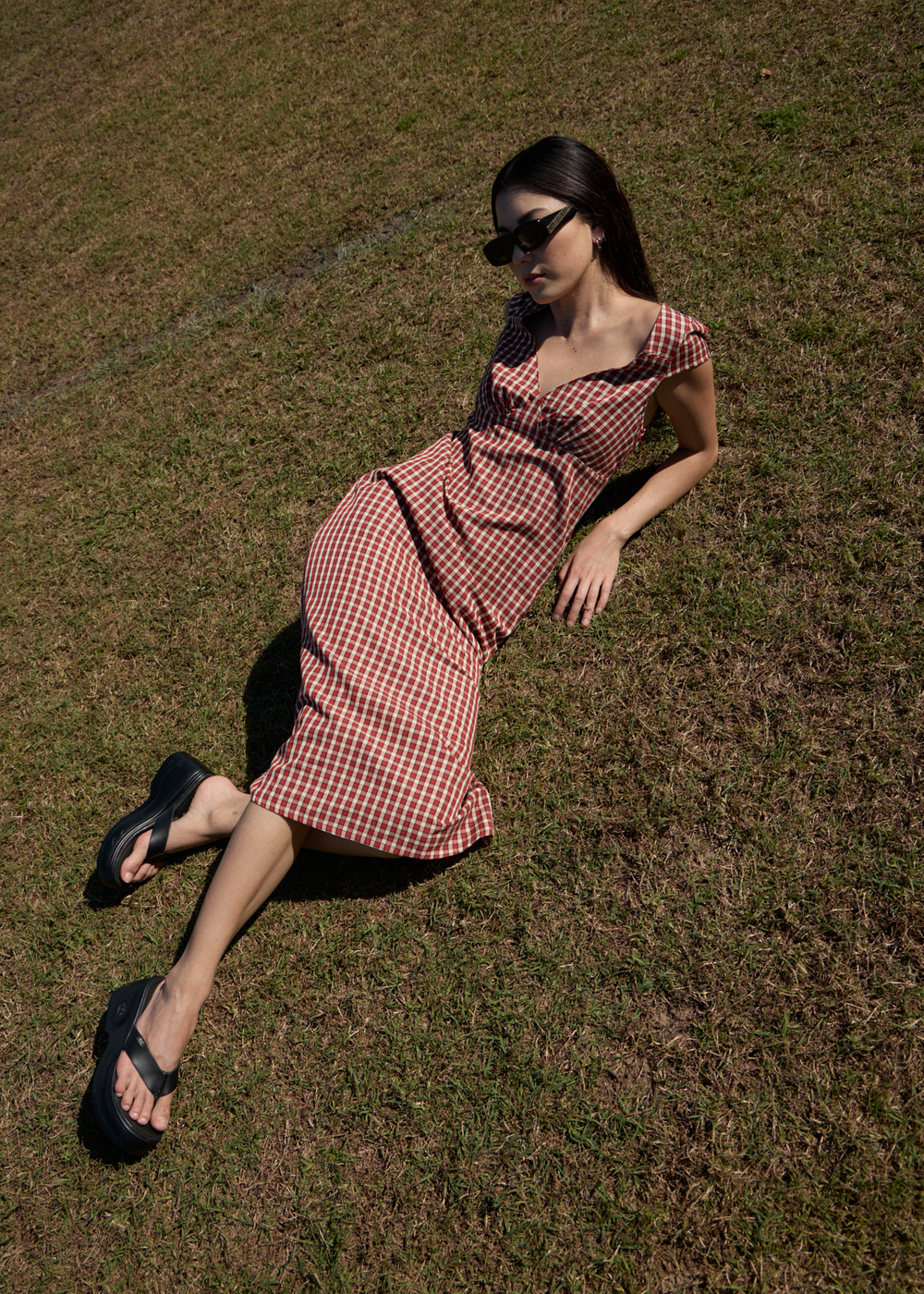 Womens Check Midi Dress Austin - Red Rum - AFENDS