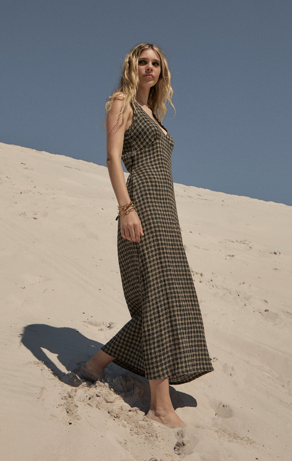 Womens Seersucker Maxi Dress Tully - Tan / Olive Check - AFENDS