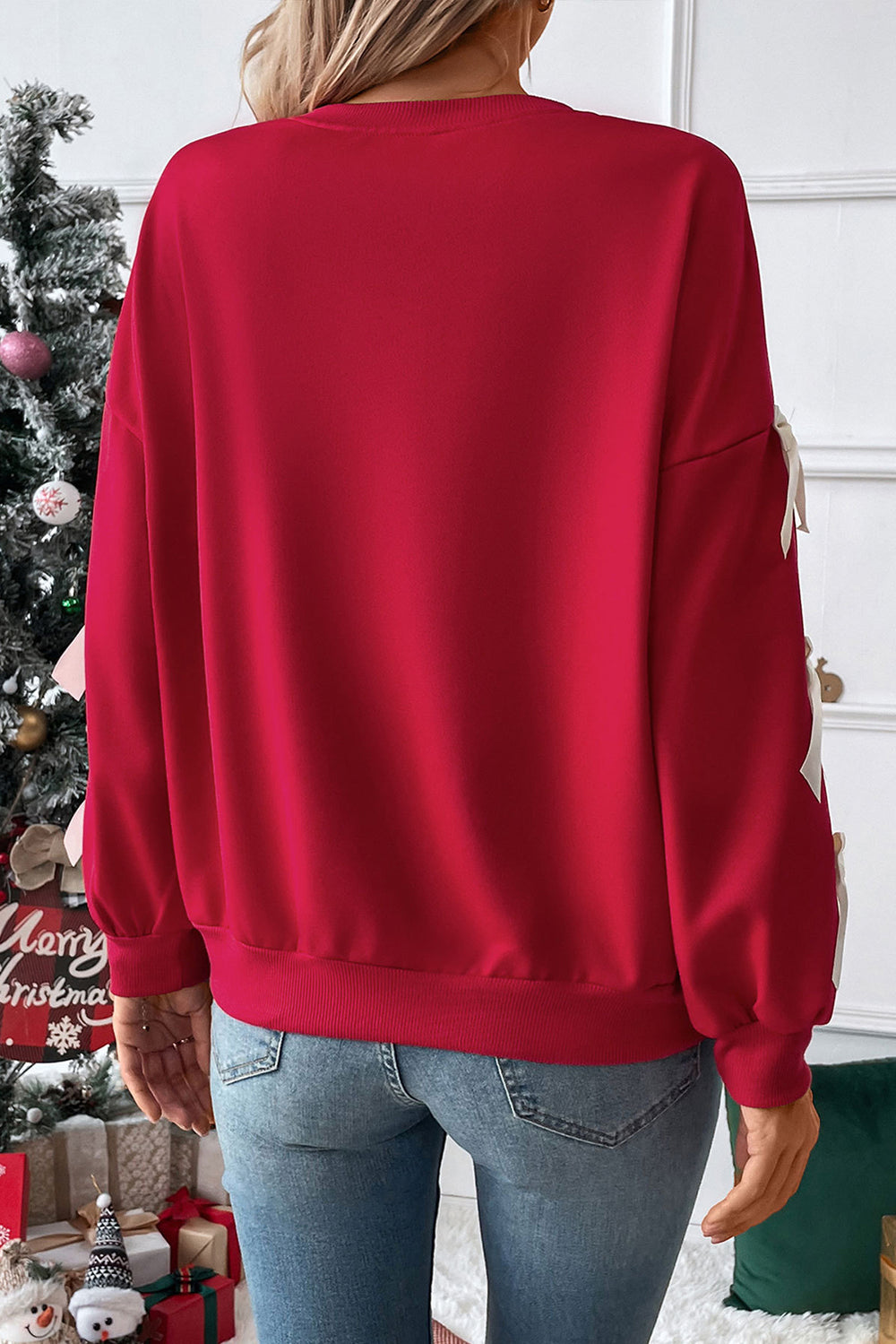 Myosotis Contrast Bow Decor Dropped Sleeve Crewneck Sweatshirt