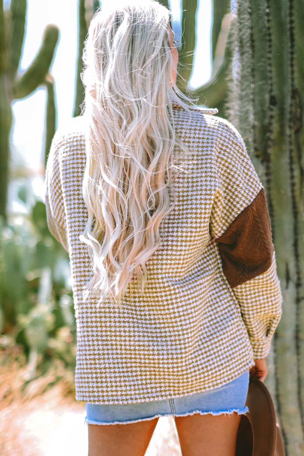 Khaki Houndstooth Color Contrast Textured Patchwork Loose Shacket