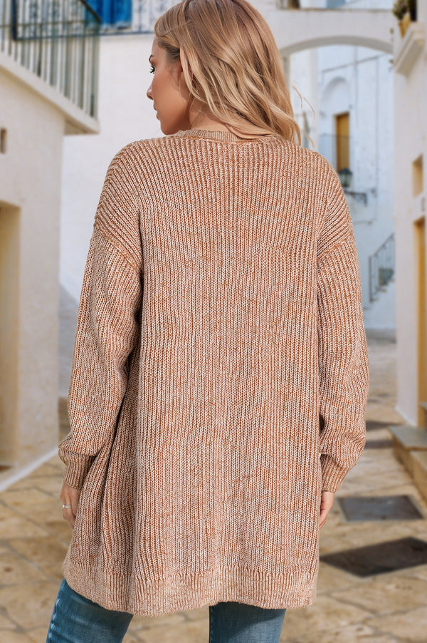 Straw Yellow Solid Open Knit Cardigan with Pockets