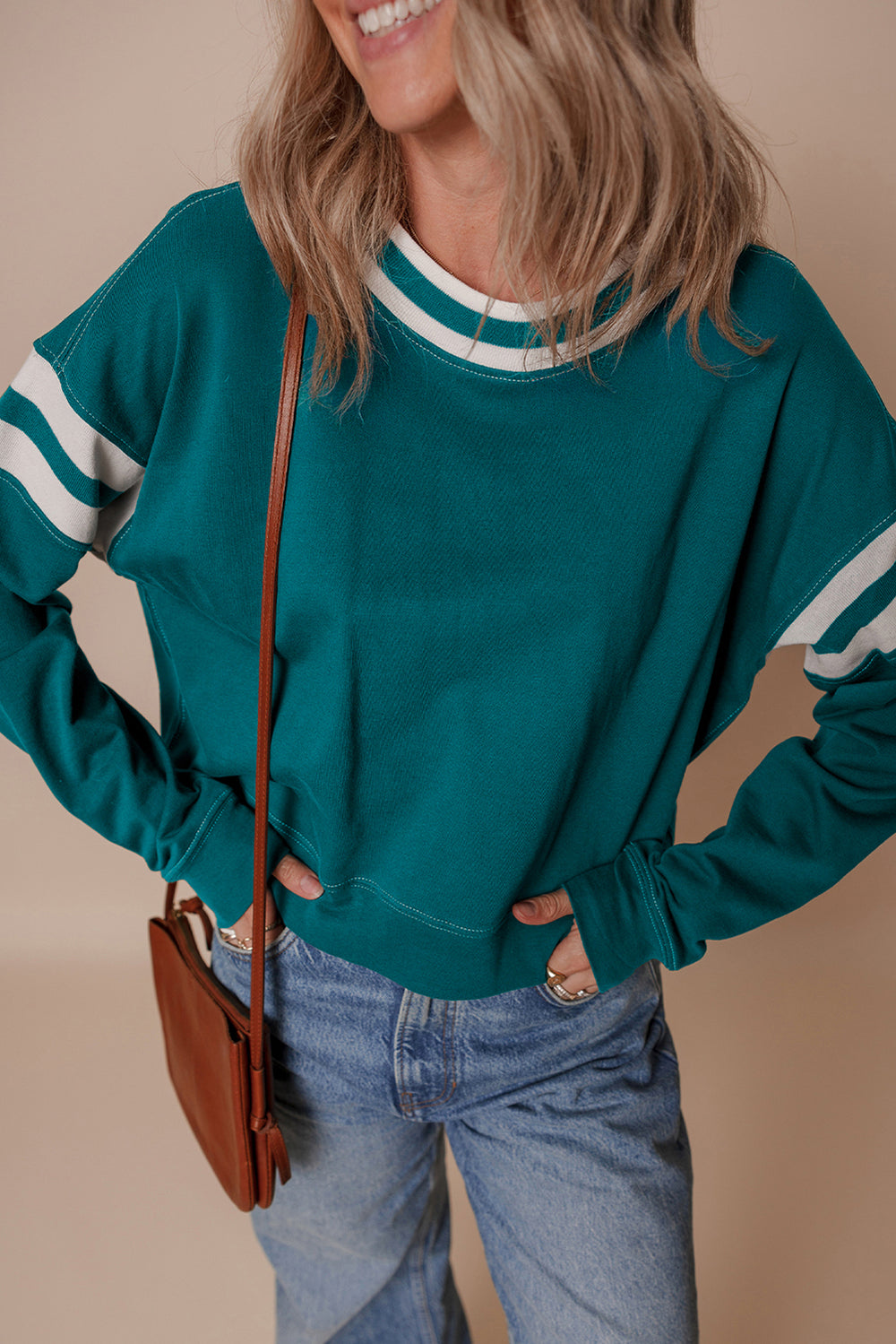 Blackish Green Contrast Striped Patchwork Round Neck Drop Shoulder ...