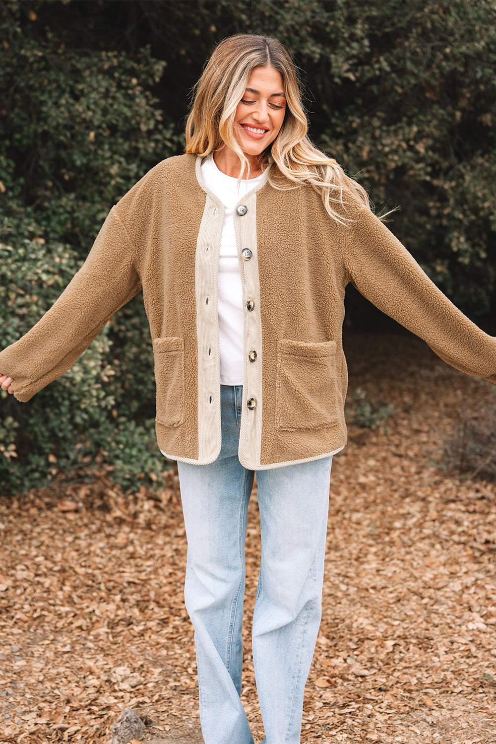 Light French Beige Puffy Plush Corduroy Edge Patchwork Jacket with ...