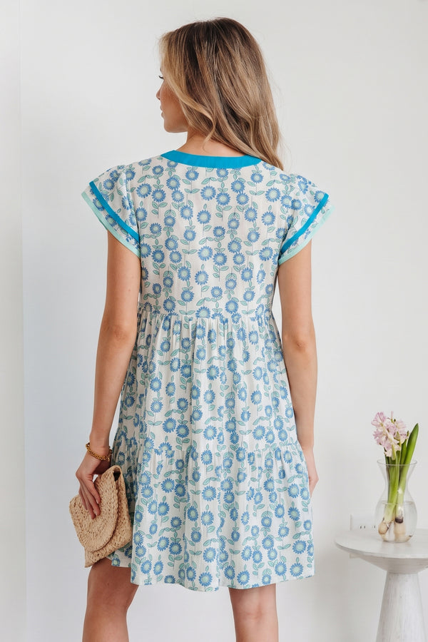 Sky Blue Floral Print Contrast Trim Flutter Sleeve Mini Dress