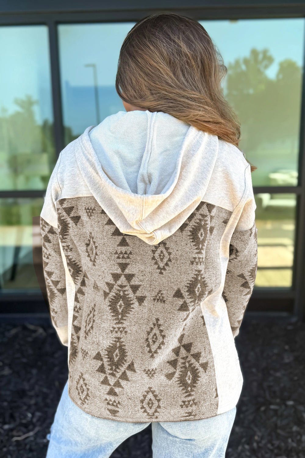 Gray Western Aztec Print Color Block Patchwork Drawstring Hooded Sh...