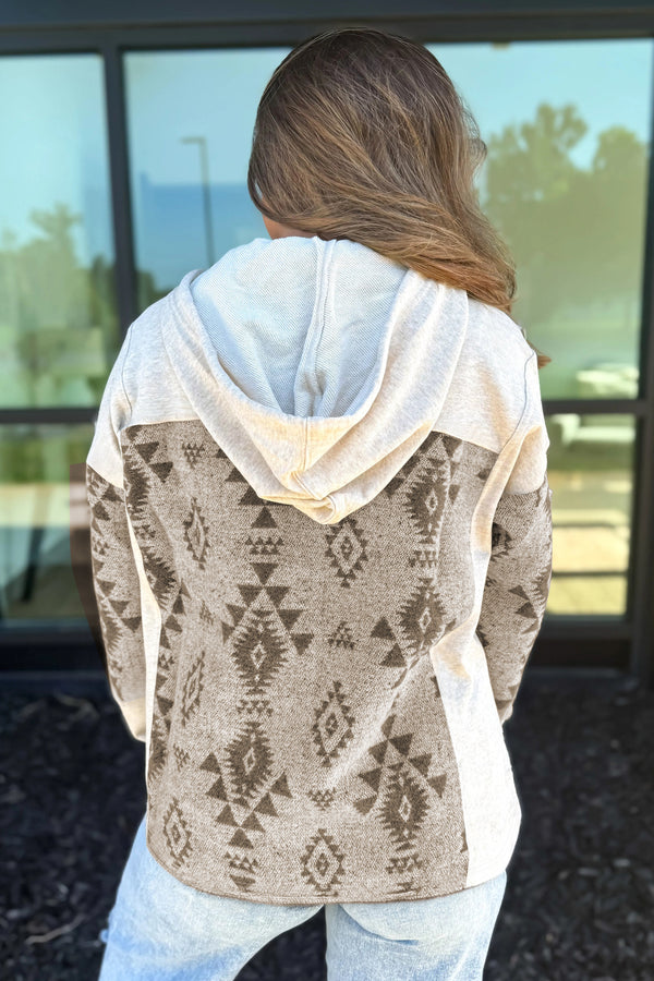 Gray Western Aztec Print Color Block Patchwork Drawstring Hooded Sh...