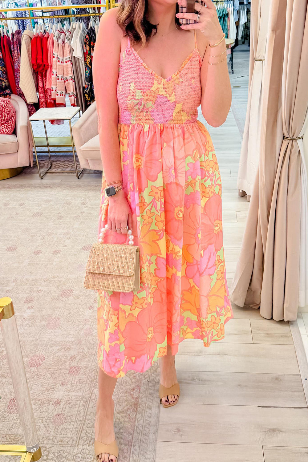 Pink Spaghetti Straps Floral Shirred High Waist Dress