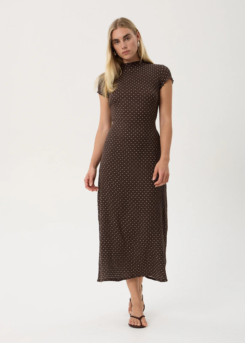 Womens Seersucker Midi Dress Elodie - Coffee Polka Dot - AFENDS