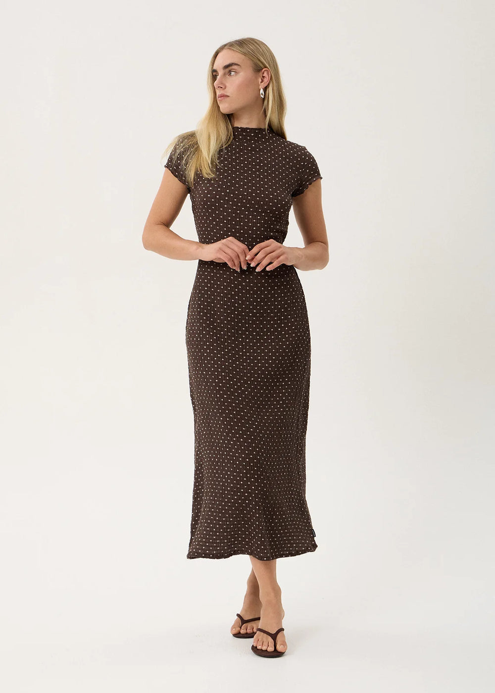 Womens Seersucker Midi Dress Elodie - Coffee Polka Dot - AFENDS