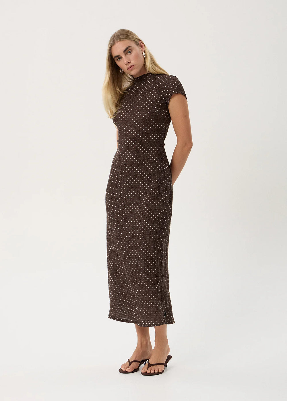 Womens Seersucker Midi Dress Elodie - Coffee Polka Dot - AFENDS