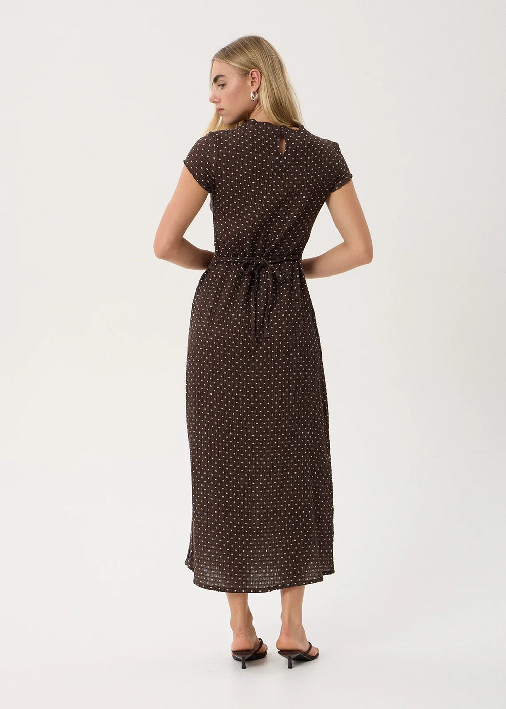 Womens Seersucker Midi Dress Elodie - Coffee Polka Dot - AFENDS