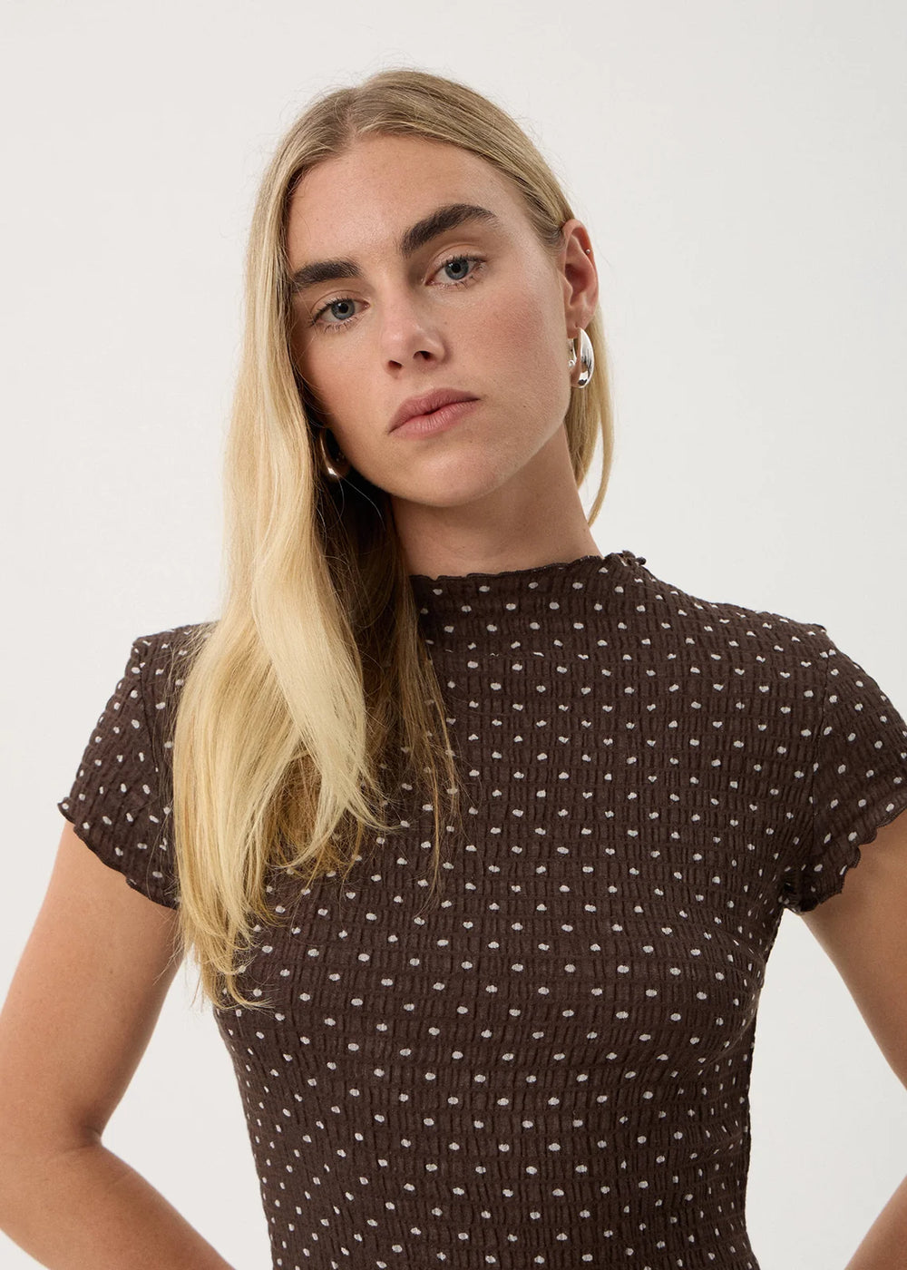 Womens Seersucker Midi Dress Elodie - Coffee Polka Dot - AFENDS