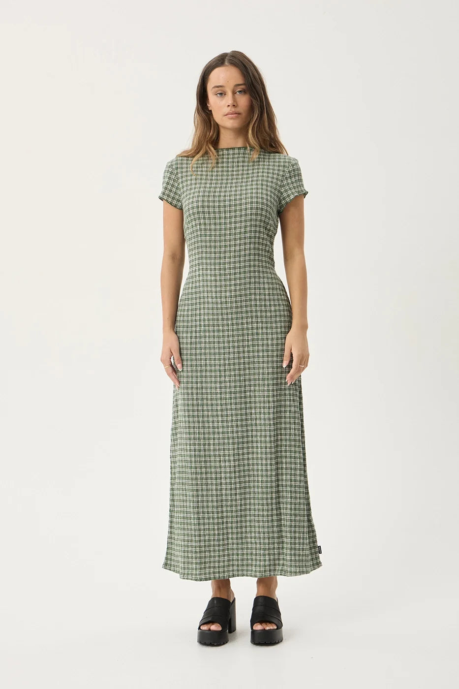 Womens Seersucker Midi Dress Elodie - Base Deep Green Check - AFENDS