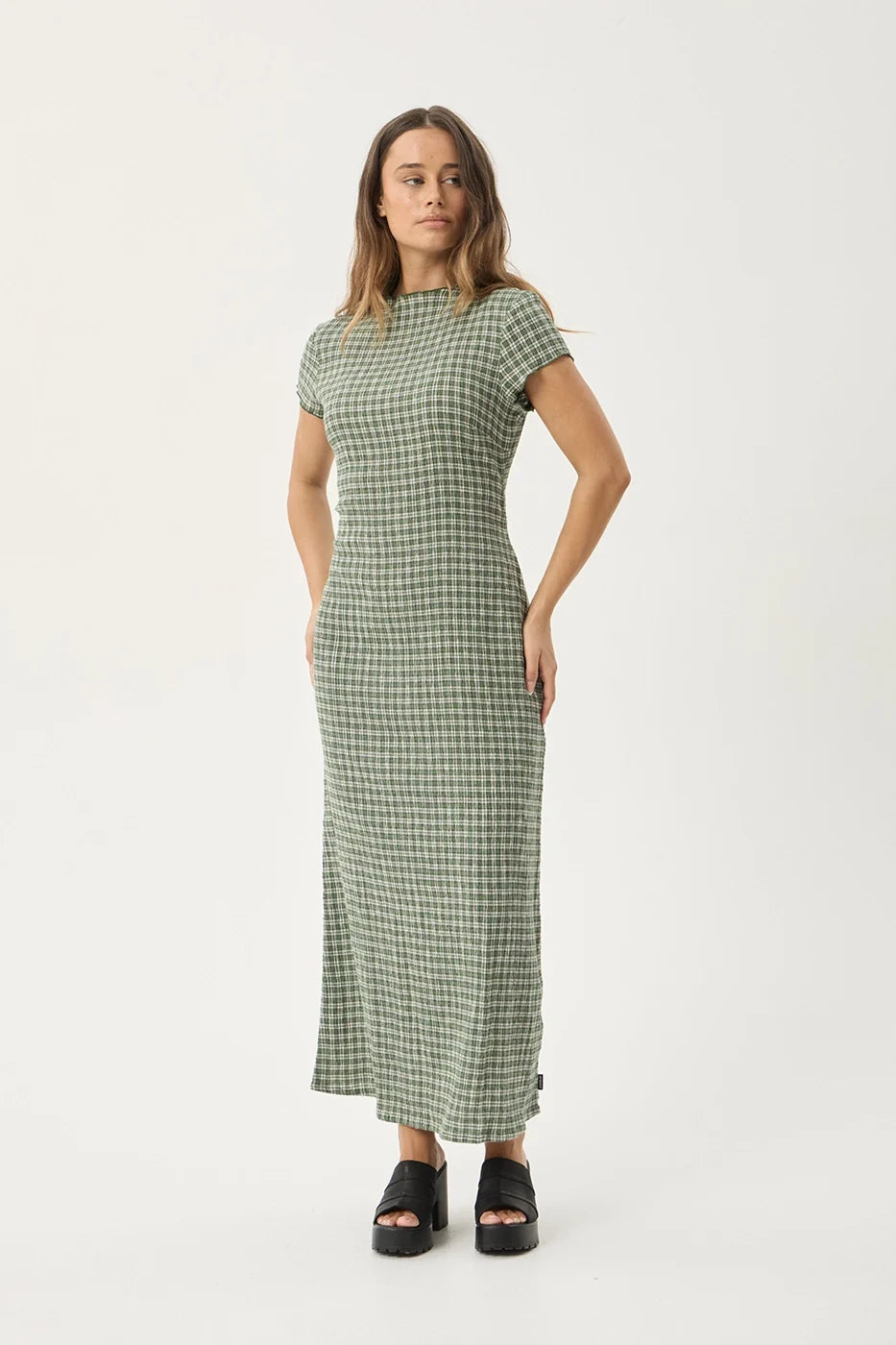 Womens Seersucker Midi Dress Elodie - Base Deep Green Check - AFENDS