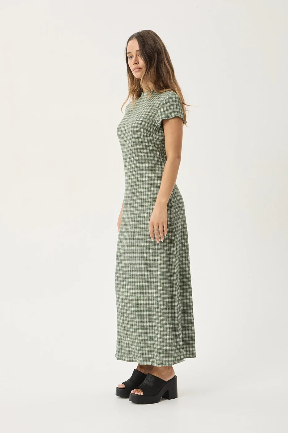 Womens Seersucker Midi Dress Elodie - Base Deep Green Check - AFENDS